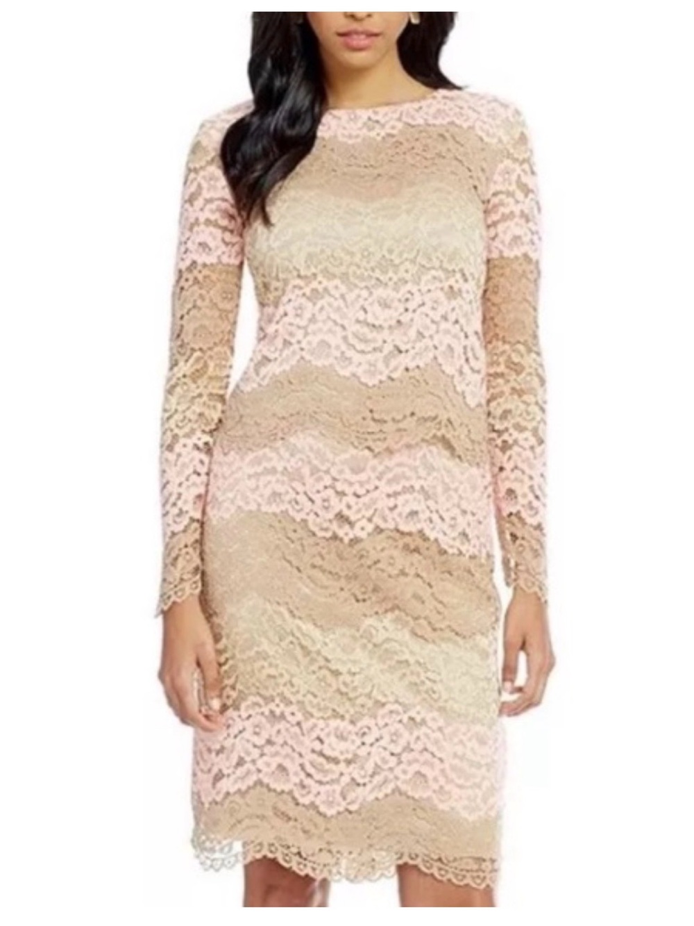 Jessica Howard Pink and Tan Lace Long-Sleeve Sheath Dress